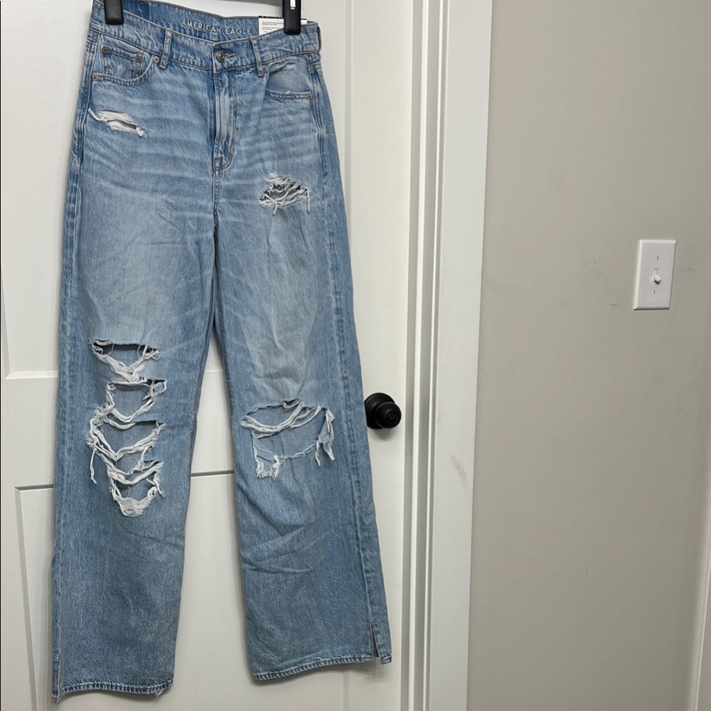 American Eagle Dreamy Drape Super High-Rise Baggy Wide Leg, Distressed, 25W